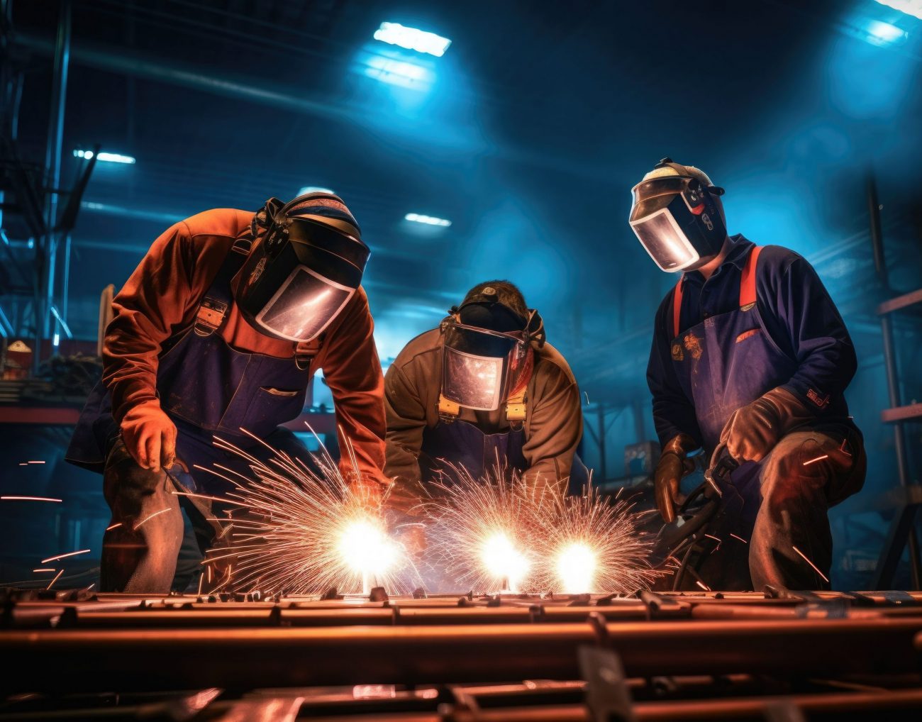 Team of welders in uniform working welding in the workshop